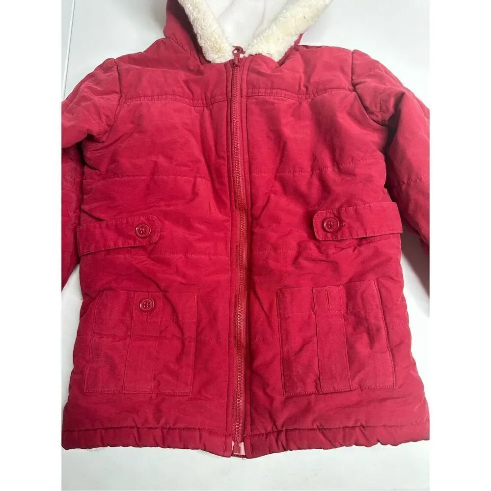 Janie & Jack Faux Fur Trim Fleece Lined Girls Red Cotton Blend Coat Size 4-5T